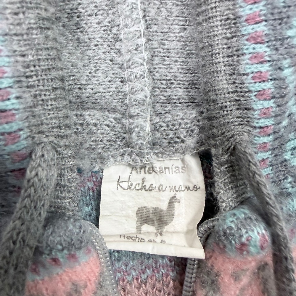 Boho Artisan Ecuador Llama Wool Knit Zip Up Hoodie Cardigan Jacket Youth 10 Gray - Picture 4 of 10
